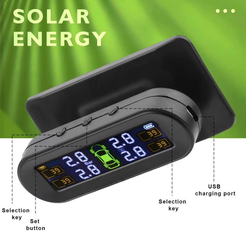 Advanced Tire Pressure Monitoring System with Temperature Warning - External Battery and Solar-Powered Sensors for Vehicle Tire Pressure Monitoring