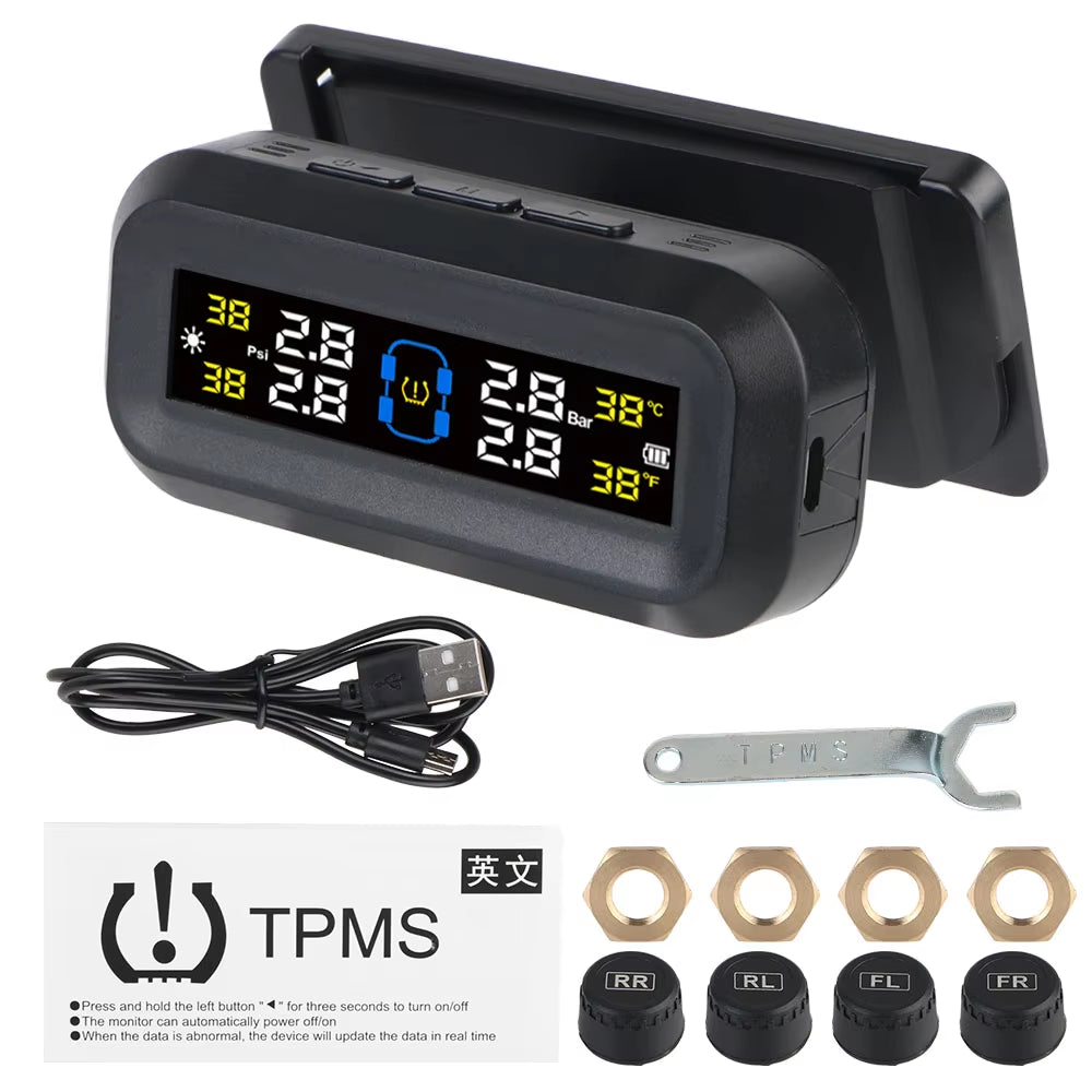 Advanced Tire Pressure Monitoring System with Temperature Warning - External Battery and Solar-Powered Sensors for Vehicle Tire Pressure Monitoring