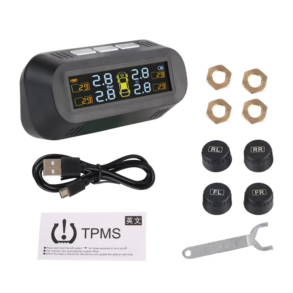 Advanced Tire Pressure Monitoring System with Temperature Warning - External Battery and Solar-Powered Sensors for Vehicle Tire Pressure Monitoring