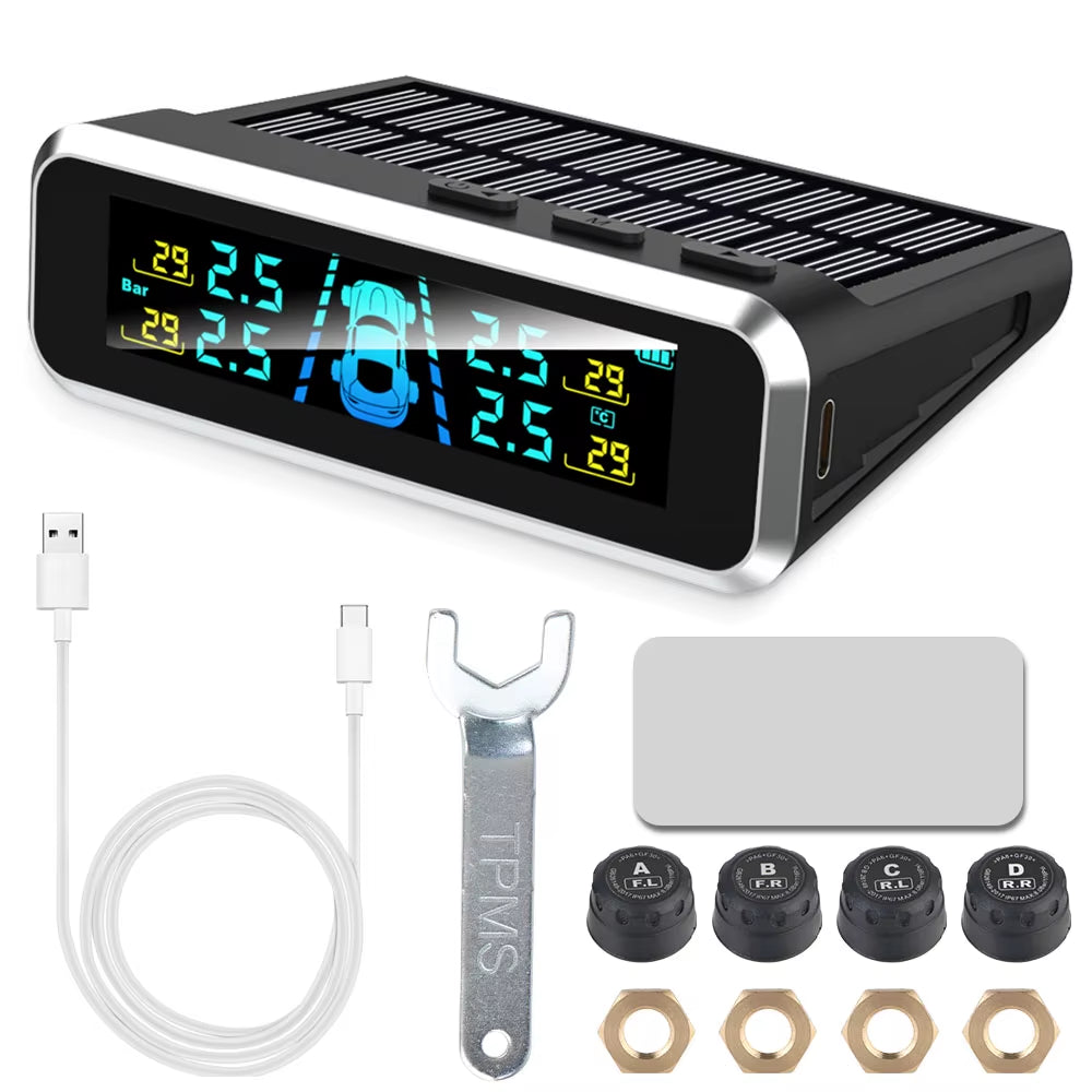 Advanced Tire Pressure Monitoring System with Temperature Warning - External Battery and Solar-Powered Sensors for Vehicle Tire Pressure Monitoring
