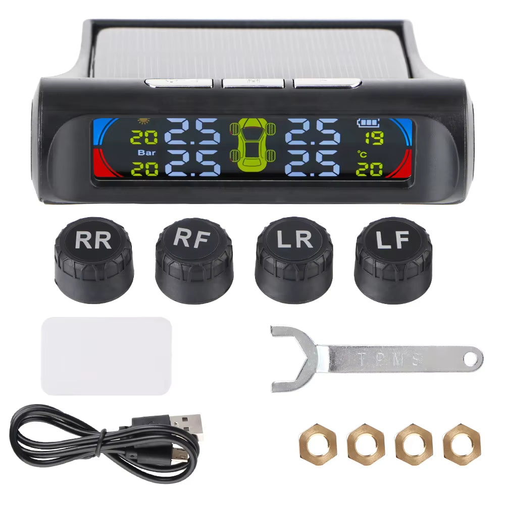 Advanced Tire Pressure Monitoring System with Temperature Warning - External Battery and Solar-Powered Sensors for Vehicle Tire Pressure Monitoring