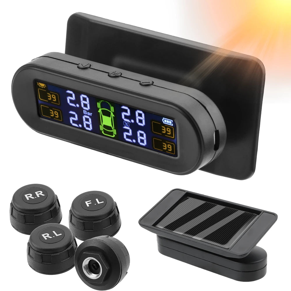 Advanced Tire Pressure Monitoring System with Temperature Warning - External Battery and Solar-Powered Sensors for Vehicle Tire Pressure Monitoring