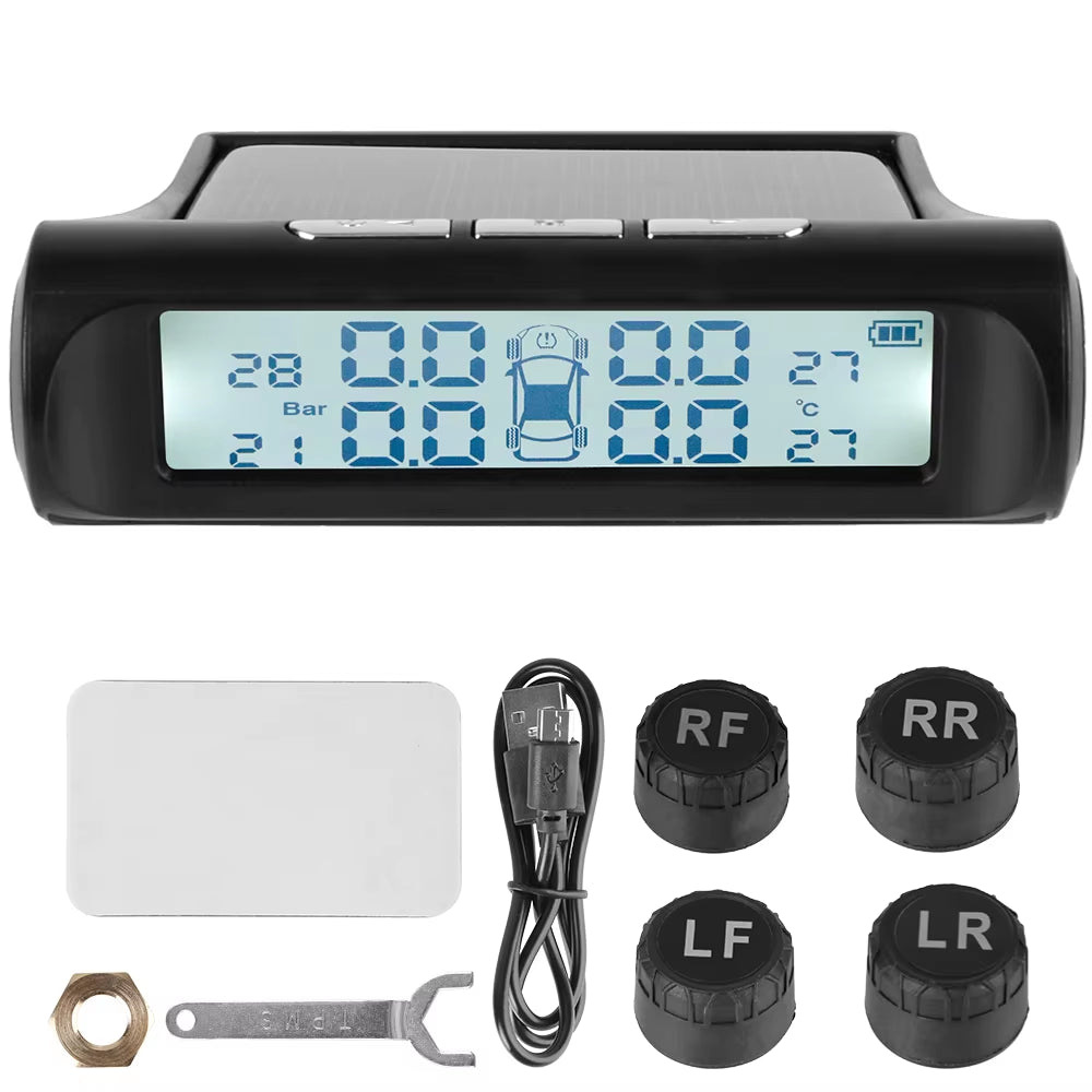 Advanced Tire Pressure Monitoring System with Temperature Warning - External Battery and Solar-Powered Sensors for Vehicle Tire Pressure Monitoring