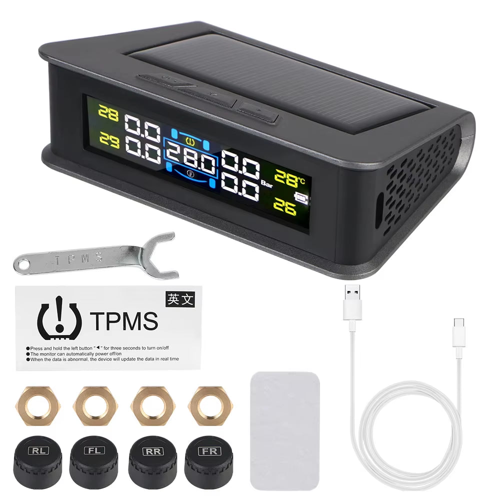 Advanced Tire Pressure Monitoring System with Temperature Warning - External Battery and Solar-Powered Sensors for Vehicle Tire Pressure Monitoring