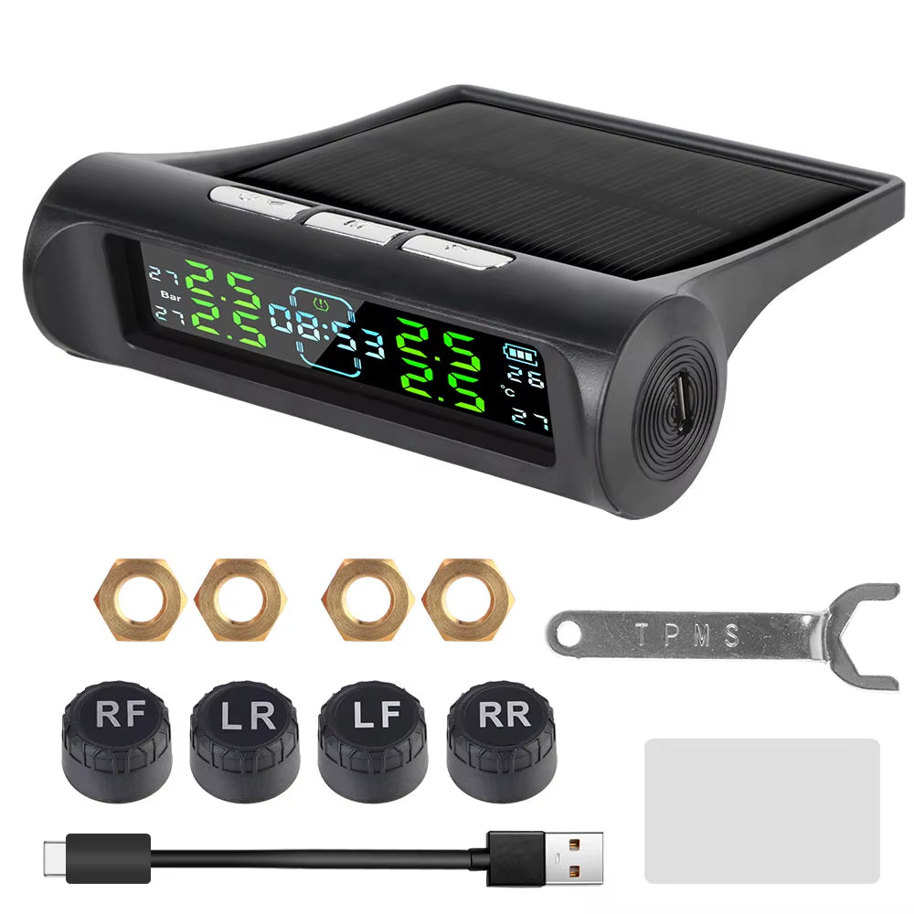 Advanced Tire Pressure Monitoring System with Temperature Warning - External Battery and Solar-Powered Sensors for Vehicle Tire Pressure Monitoring