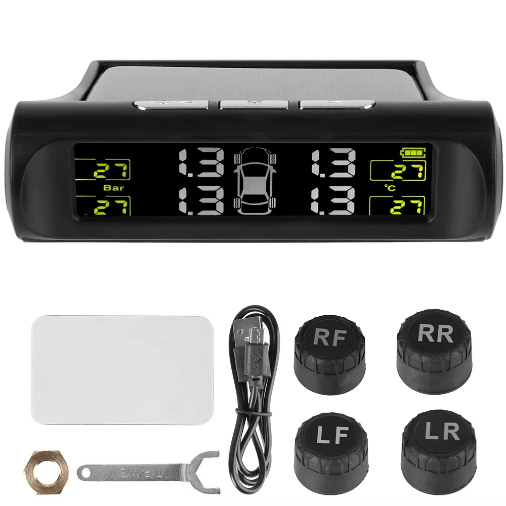 Advanced Tire Pressure Monitoring System with Temperature Warning - External Battery and Solar-Powered Sensors for Vehicle Tire Pressure Monitoring