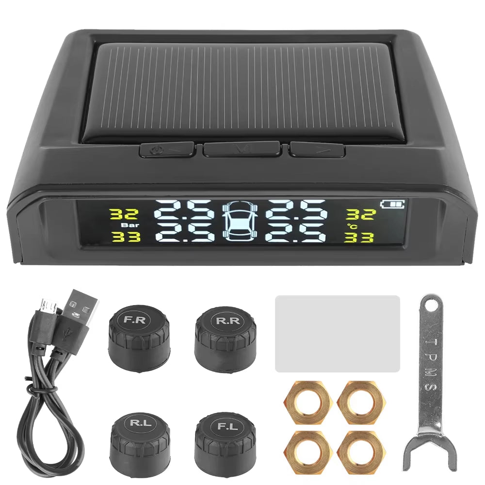 Advanced Tire Pressure Monitoring System with Temperature Warning - External Battery and Solar-Powered Sensors for Vehicle Tire Pressure Monitoring