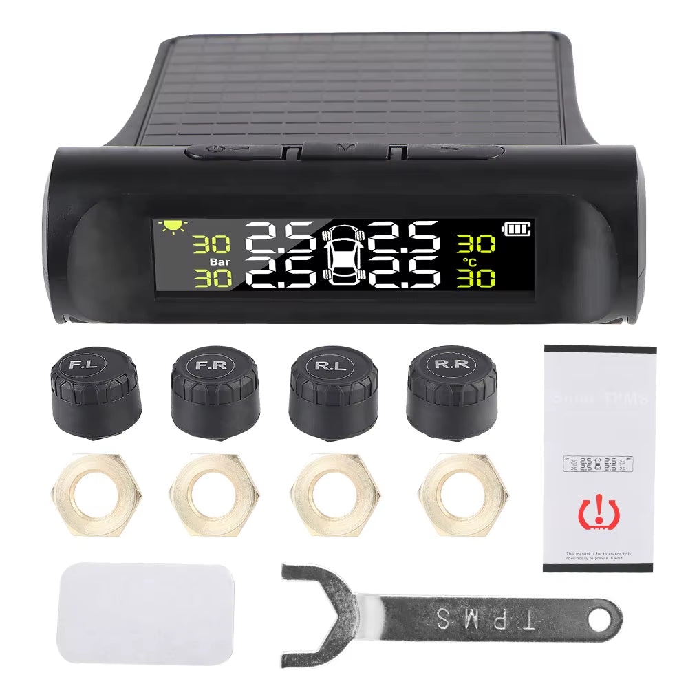 Advanced Tire Pressure Monitoring System with Temperature Warning - External Battery and Solar-Powered Sensors for Vehicle Tire Pressure Monitoring