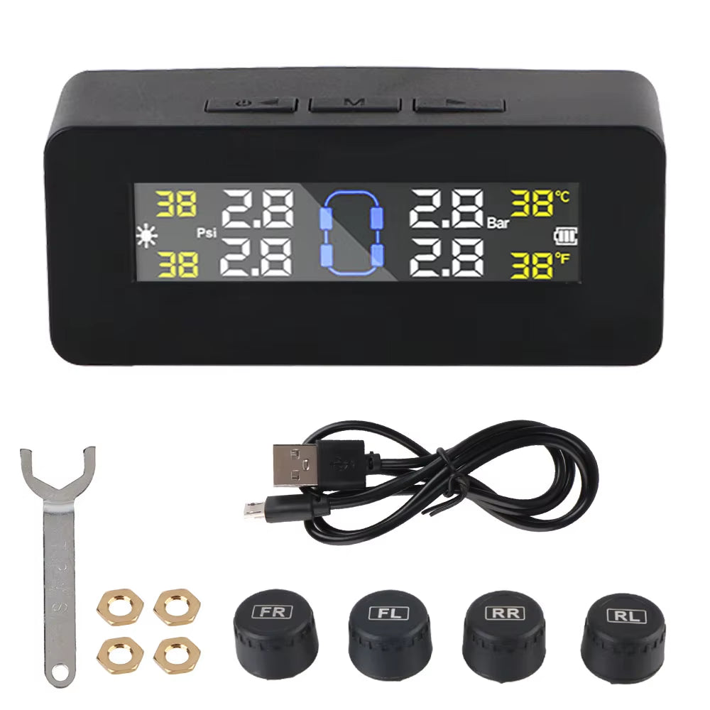Advanced Tire Pressure Monitoring System with Temperature Warning - External Battery and Solar-Powered Sensors for Vehicle Tire Pressure Monitoring