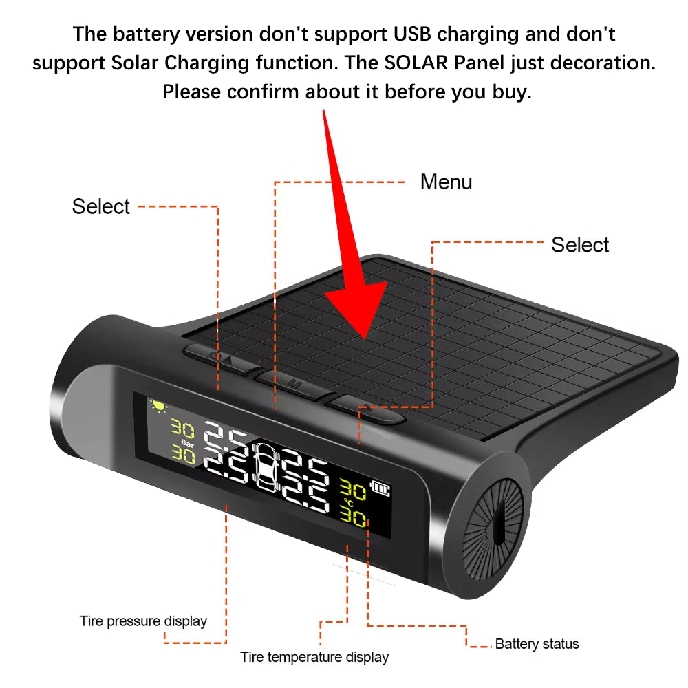Advanced Tire Pressure Monitoring System with Temperature Warning - External Battery and Solar-Powered Sensors for Vehicle Tire Pressure Monitoring